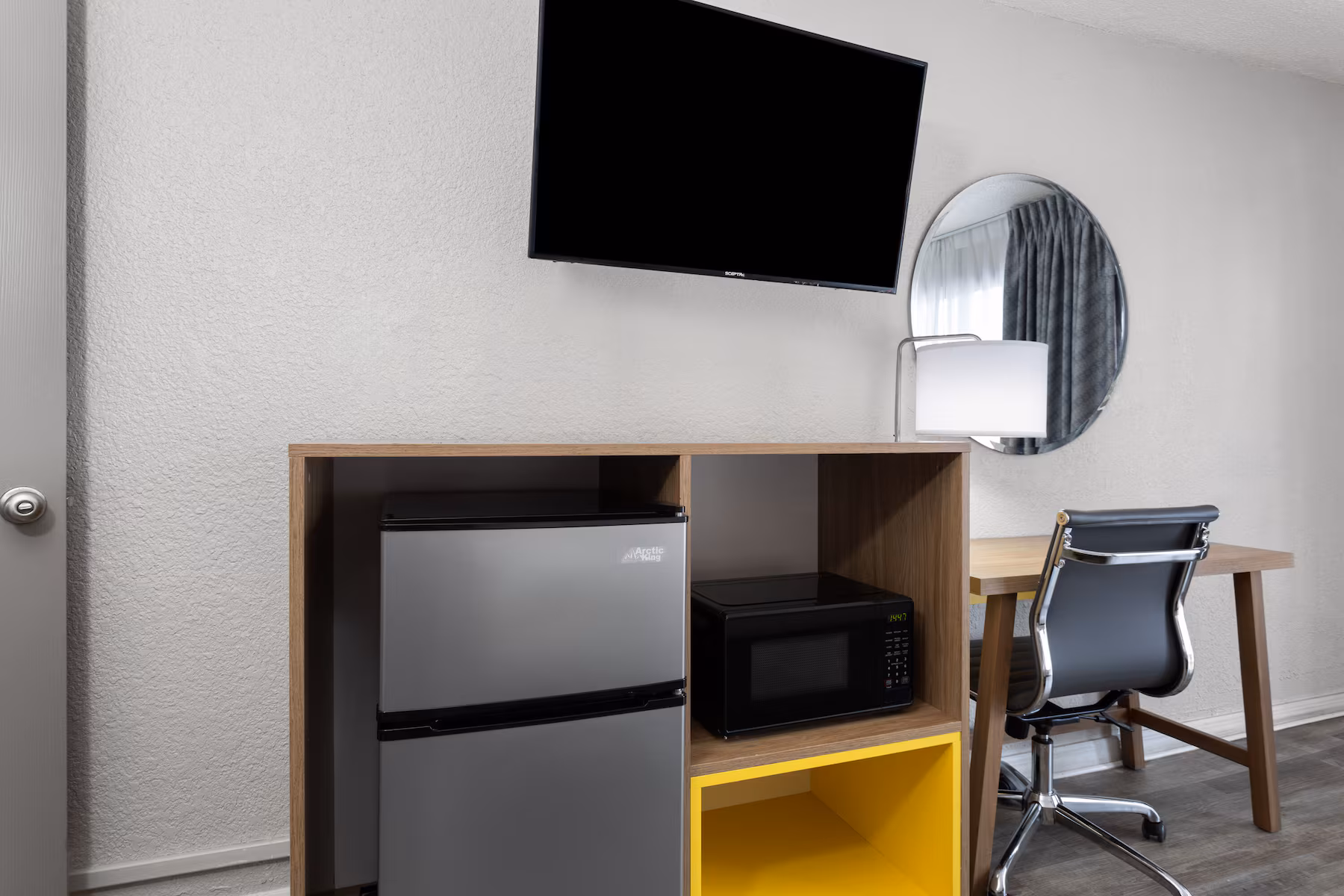 In-room fridge, microwave and work desk